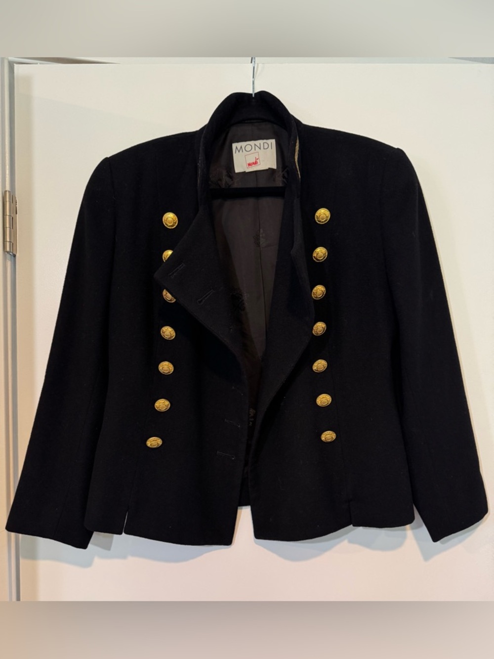 Vintage Mondi Military-Style Black Blazer with Gold Metal Buttons